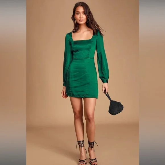 Lulus Got The Love Emerald Green Satin Square-Neck Mini Dress - Picture 2 of 7